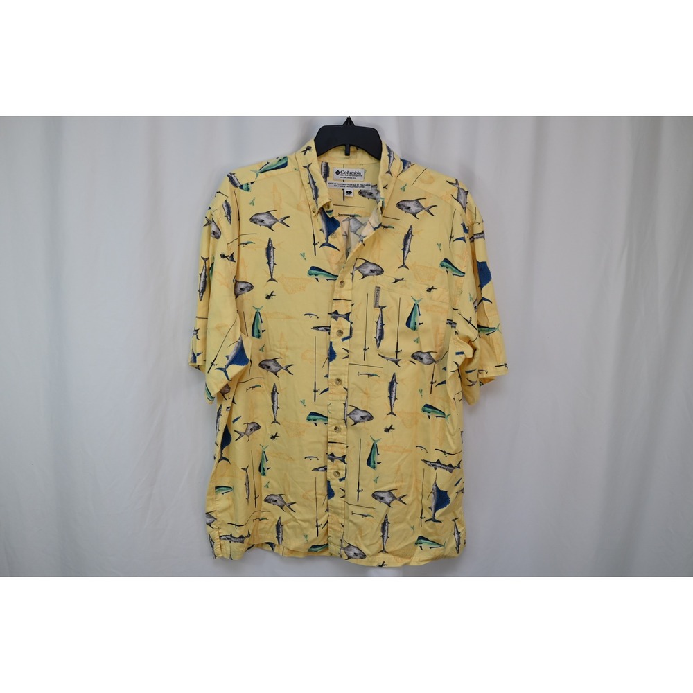 Columbia Sportswear Mens Large Yellow Fish Print Short Sleeve Button Up Shirt